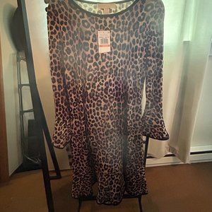 Michael Kors Cheetah Print Matte Jersey Flounce Bell Sleeve A-Line Dress Small